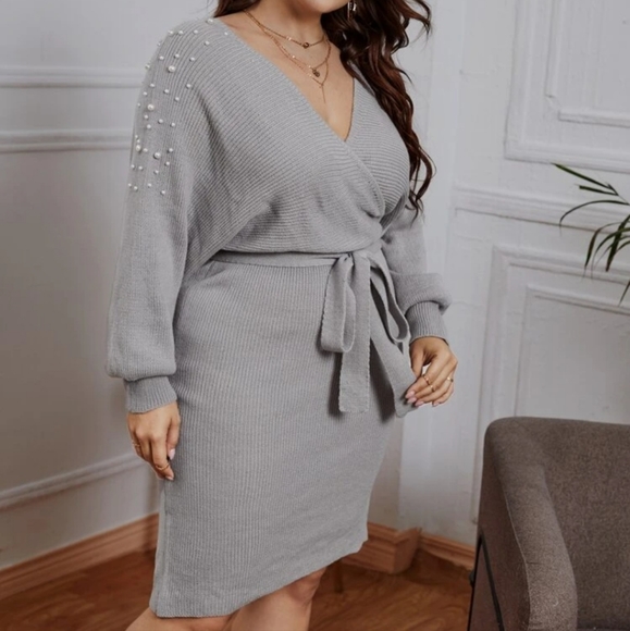 SHEIN Dresses & Skirts - Pearl Beaded Cut Out Bsck Dolman Sleeve Sweater Dress